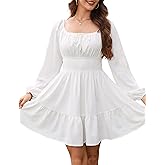 Florboom Women's Adjustable Square Neck Drawstring Dress Puff Long Sleeve Smocked Waist Mini Dresses