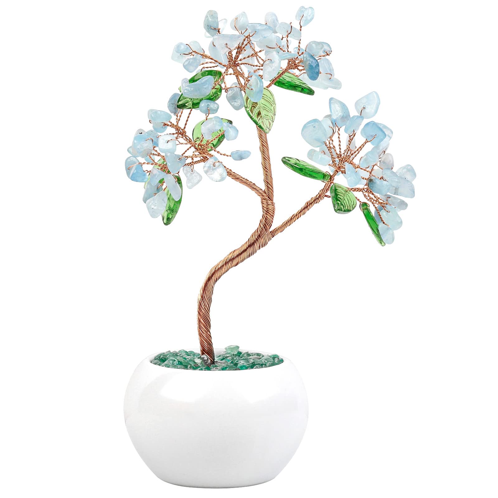 Nupuyai Aquamarine Crystal Money Tree with Ceramic Base, Feng Shui Bonsai Money Tree Ornament Healing Stone Tree Good Luck Home Office Decor