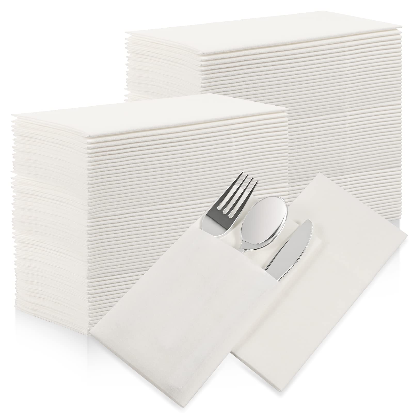Photo 1 of White Dinner Napkins Disposable - 100Pack Linen-Feel Paper Napkins with Built-in Flatware Pocket, Prefolded Cloth Like Paper Napkins Bulk For Dinner, Wedding, Party or Everyday Use