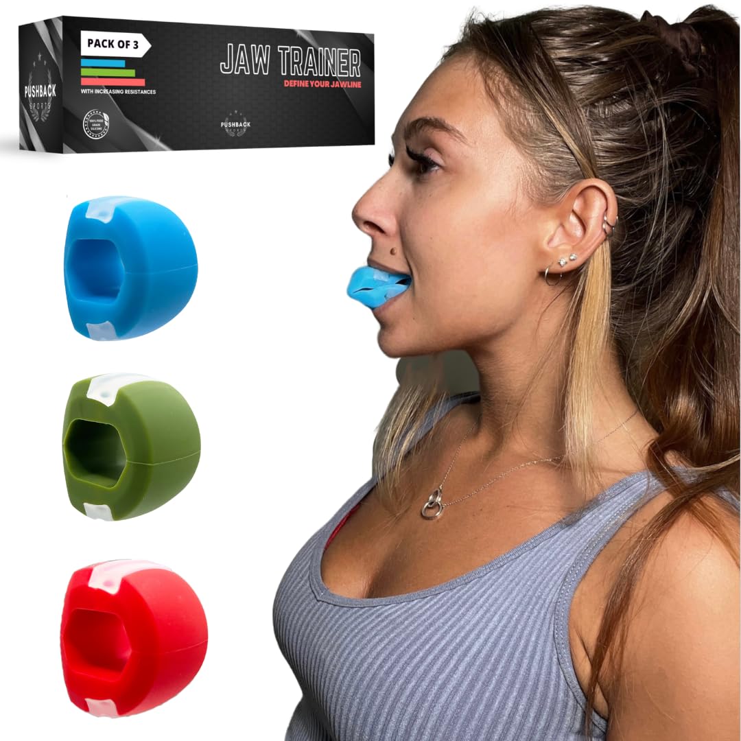 PUSHBACK SPORTS - Jaw Exerciser | Trainer for Face and Mouth | 3 Pack Jaw Shapers | Toner Exerciser for Men and Women | Double Chin Remover | Enhancing Chiselled Jawline