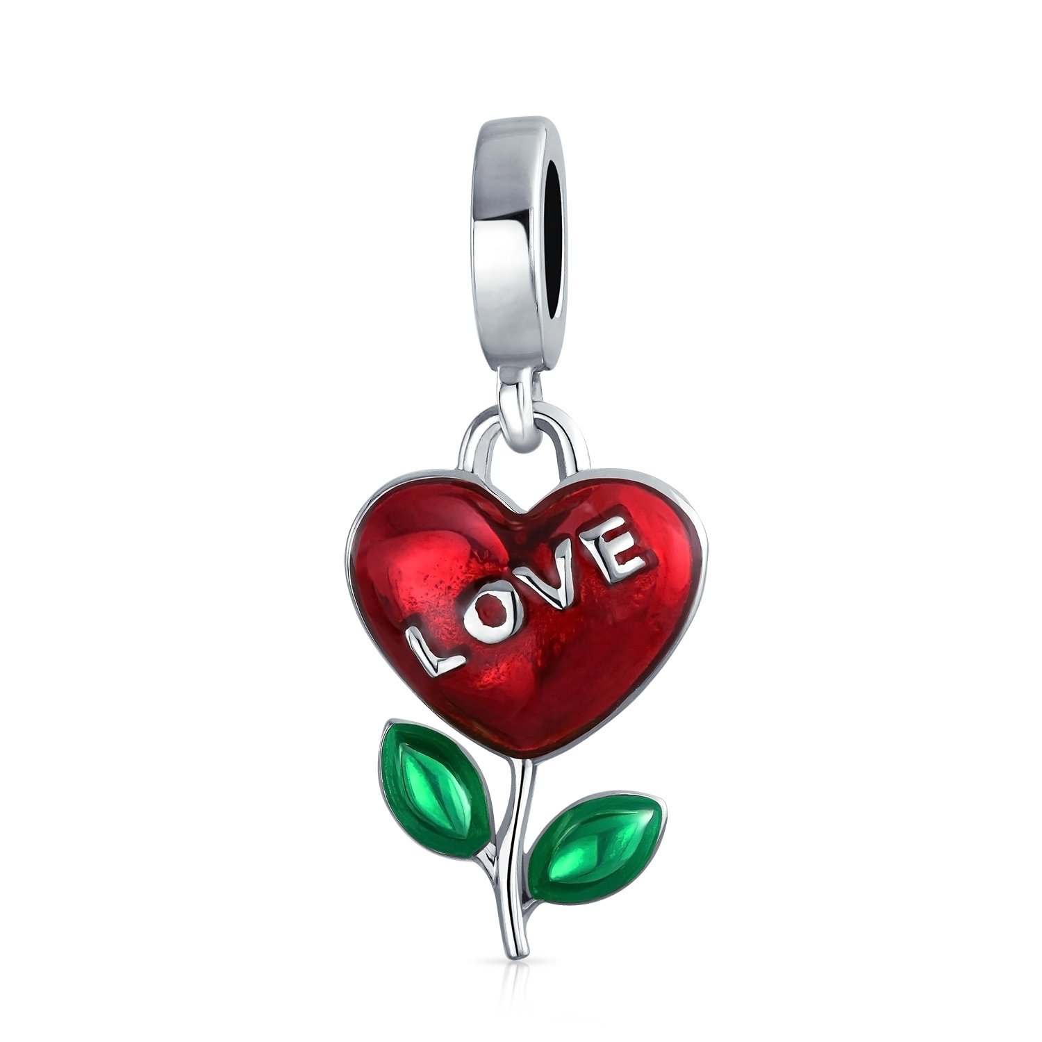 Bling Jewelry Personalized Valentine Word Love Grows Red Flower Heart Dangle Charm Bead For Women Girlfriend Enamel .925 Sterling Silver Fits European Bracelet