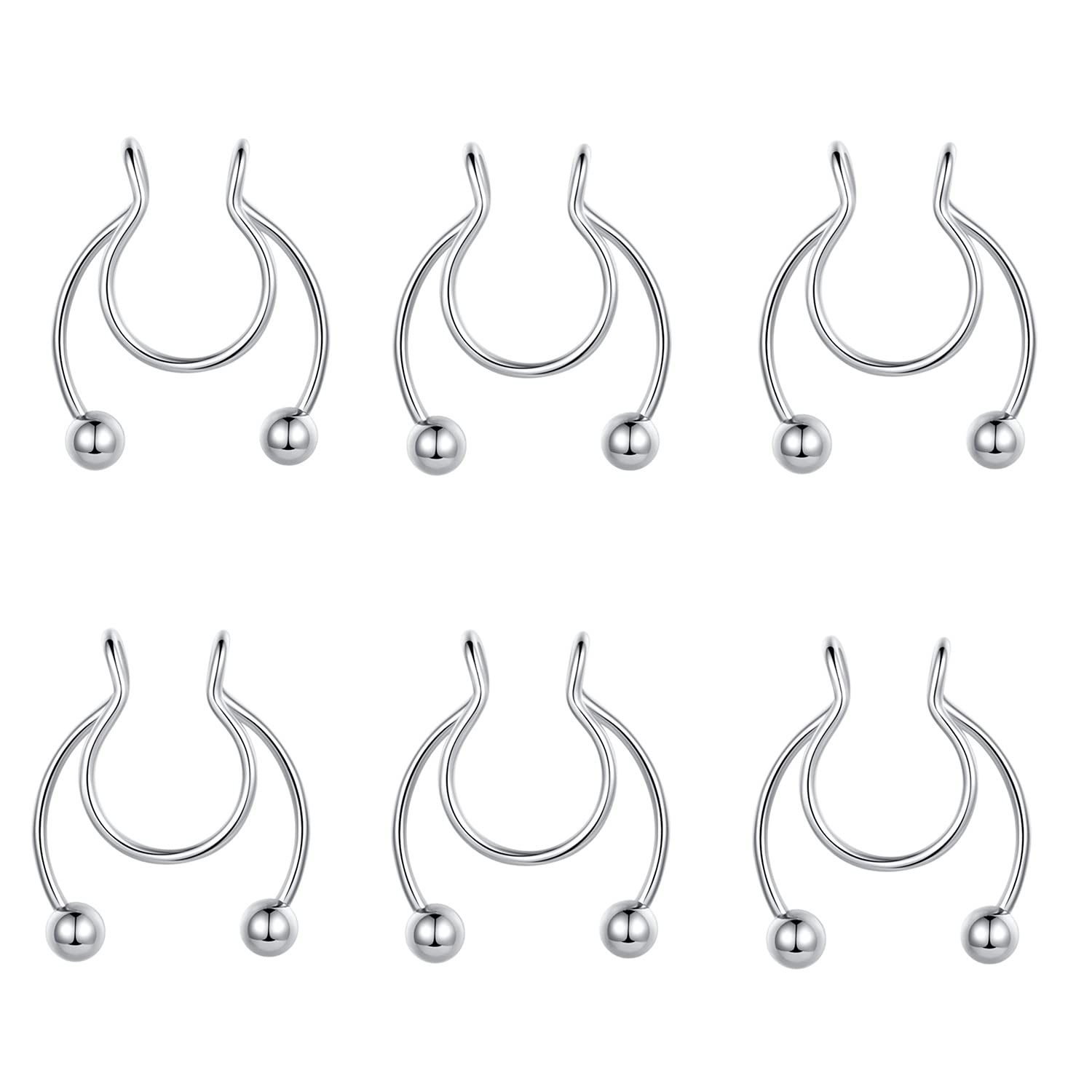 Popuhoops 6pcs 316L Surgical Steel 20G 8mm Fake Nose Ring Hoop Septum Nose Ring Set Non Piercing Faux Septum Piercings