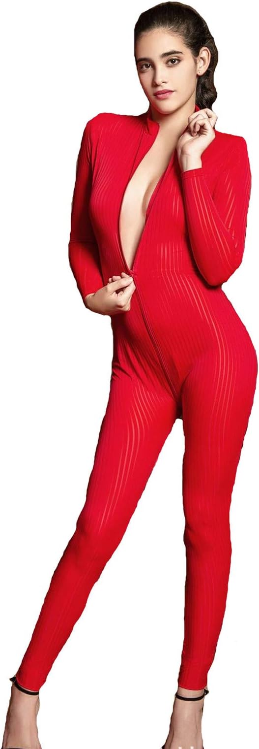 Womens Open Crotch Jumpsuits Perspective Sexy Zipper Long Sleeves Catsuit Bodysuit Clubwear (Red)