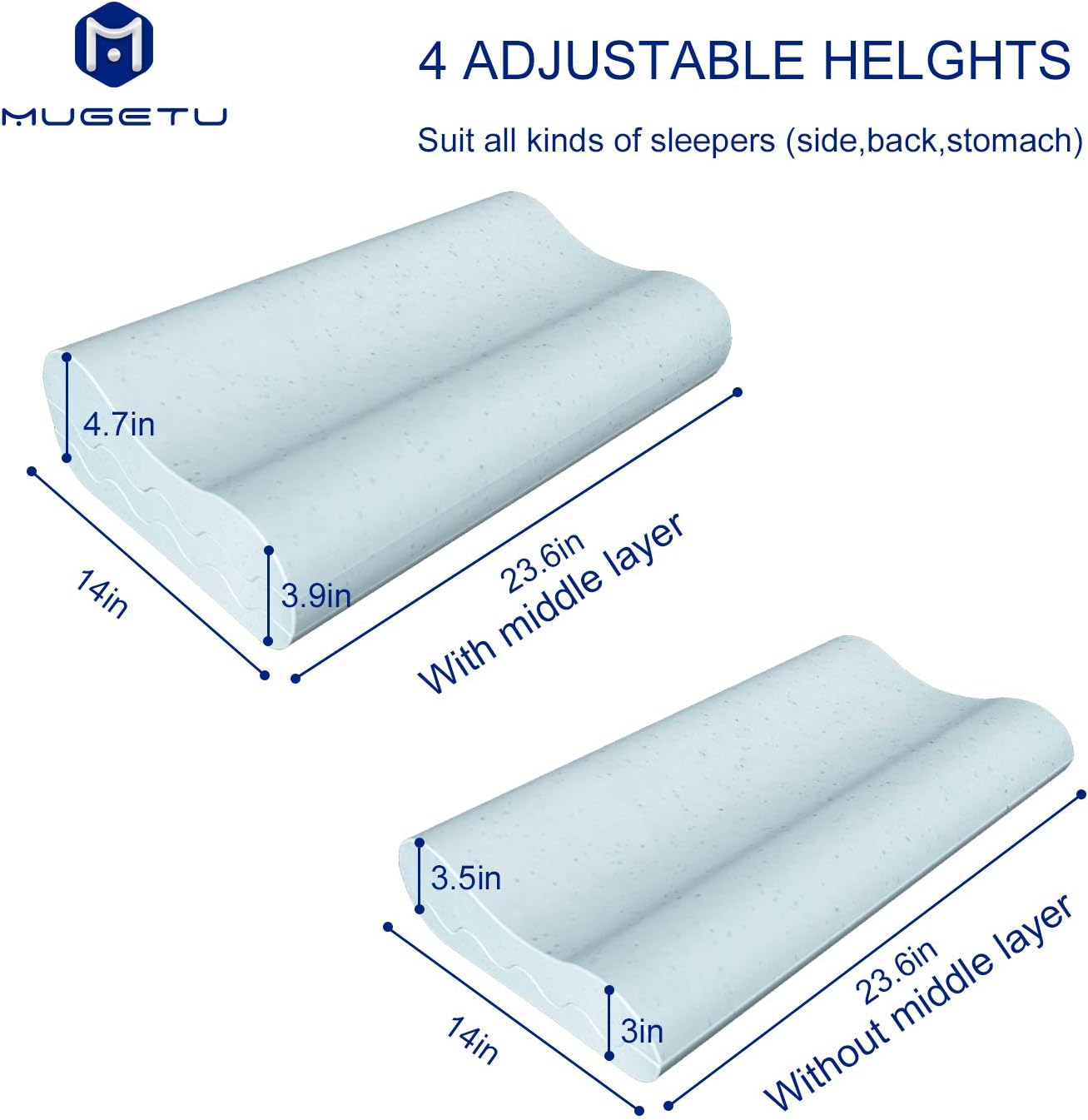 Mugetu Gel Infused Memory Foam Pillow Height Adjustable Cervical Pillow Supportive Contour Bed Pillow Neck Support for Back and Side Sleepers: Home & Kitchen