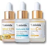 mivida Anti-Aging Serum Trio| 20% Vitamin C + Hyaluronic Acid + 2.5% Retinol Serums For Face | Brightening & Hydrating Skincare Set | Reduces Wrinkles & Fine Lines 3x1floz