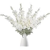 IPOPU 6 pcs White Delphinium Artificial Flowers Larkspur Artificial Flowers, 33.5 in Fake Flowers Bulk Silk Flowers with Stems Real Look for Home Garden Wedding Arrangement Decor(White)