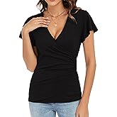 Womens Summer Sexy Deep V Neck Wrap Tops Ruffle Short Sleeve Criss Cross Ruched T Shirts Slim Fit Blouse