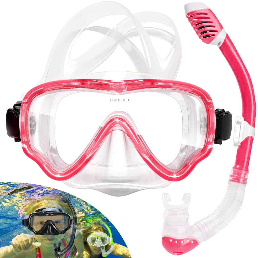 HINATAA Snorkel Set Adults/Kids, Panoramic 180° Wide View Scuba Mask, Anti-Fog Anti-Leak Tempered Glass Safety Scuba Diving Mask, Free Breathing Easy Dry Top Snorkel, Adjustable Strap (Pink/Kids)