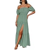ZESICA Women's 2026 Boho Sexy Off Shoulder Short Sleeve Smocked Side Split Flowy A Line Tiered Long Maxi Dress with Pockets