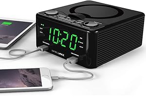 HANNLOMAX HX-300CD Top Loading CD Player, PLL FM Radio, Digital Clock, Dual Alarm, 1.2" Green LED Display, Dual USB Ports for 1A and 2.1A Charging, Aux-in, AC/DC Adapter Included (Black)