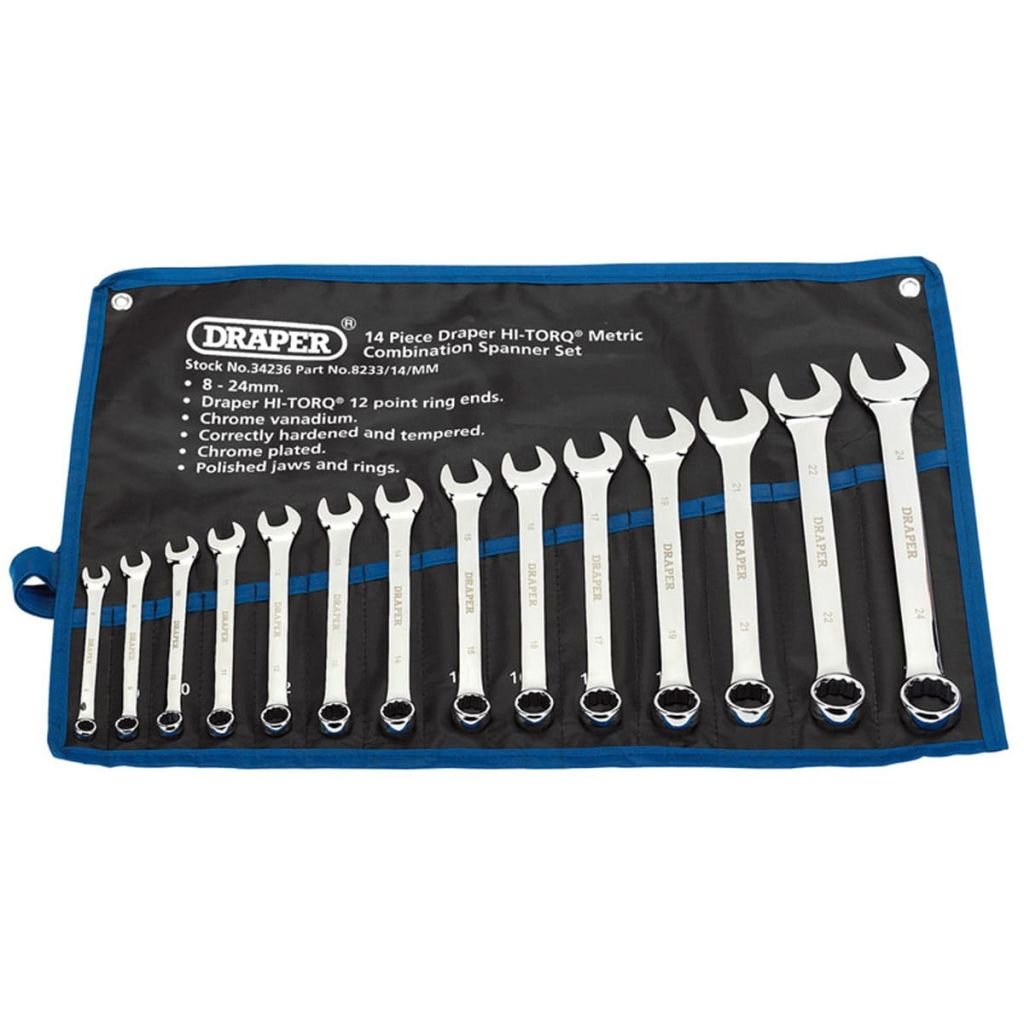 Draper 14 Piece HI-TORQ Combination Spanner Set - 34236 - Metric 8-24mm Chrome Plated Tool Kit