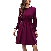 LUOFEN Women's Summer Long Sleeve Casual Dresses with Pockets Smocked Ruched Empire Waist Knee Length Dress Beach Sundress