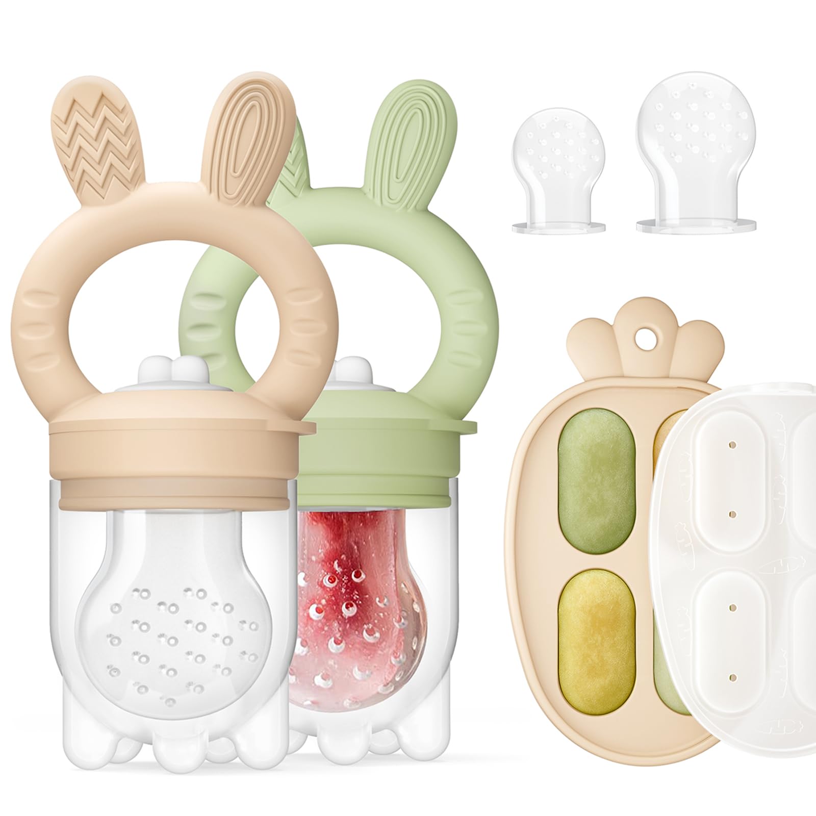 Photo 1 of 2 Packs Baby Fruit Feeder & Freezer Nibble Tray Combo, Push Pop Baby Food Feeder to Safely Introduce New Foods, Fresh & Frozen Food Silicone Feeder, 100% Food Grade, BPA Free (Caramel & Olive)