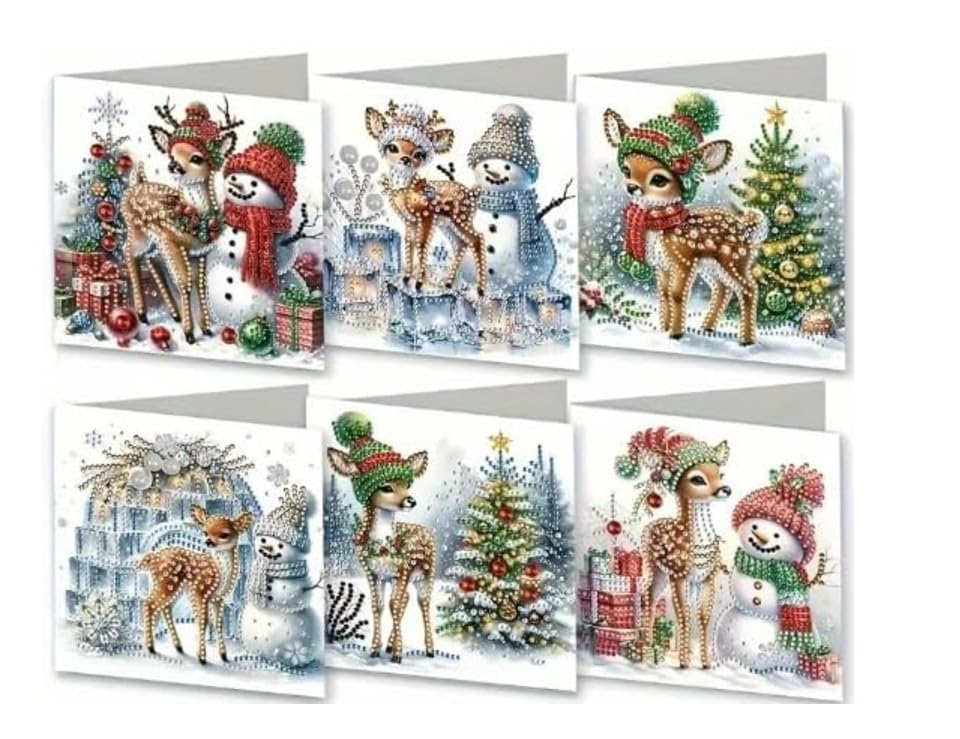 Syntego 6pcs Reindeer & Snowman Diamond Painting Christmas Cards Kit | Handmade Holiday Greeting Card Set with Tools | Fun DIY Craft for Adults & Kids Includes Envelopes, Pen, Tray, and Wax