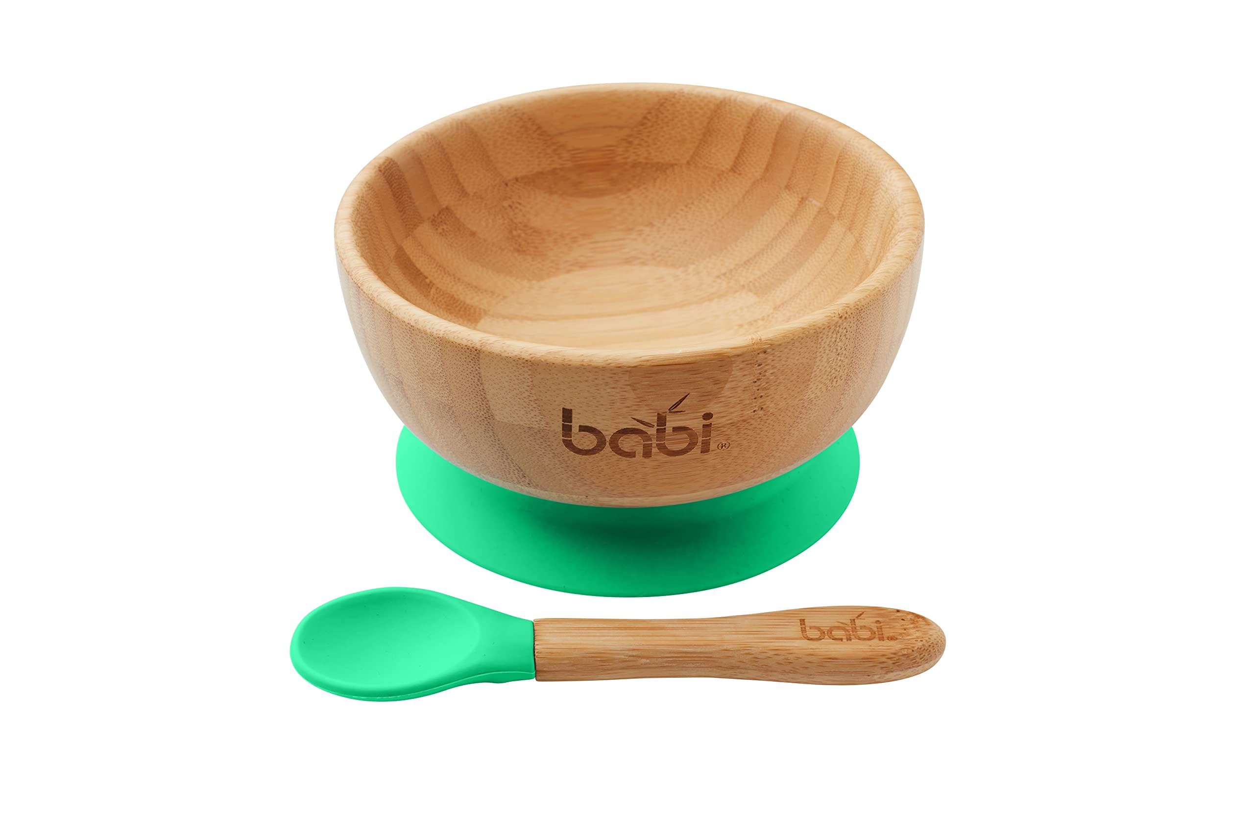 Babi® Baby Toddler Large Bowl & Matching Spoon Set, Natural Bamboo, with Stay Put Silicone Suction Ring (Green)