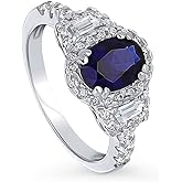 BERRICLE Sterling Silver 3-Stone Halo CZ Wedding Engagement Rings for Women, Art Deco Oval Cut Cubic Zirconia Ring - Morganite Pink, Sapphire Blue Colors