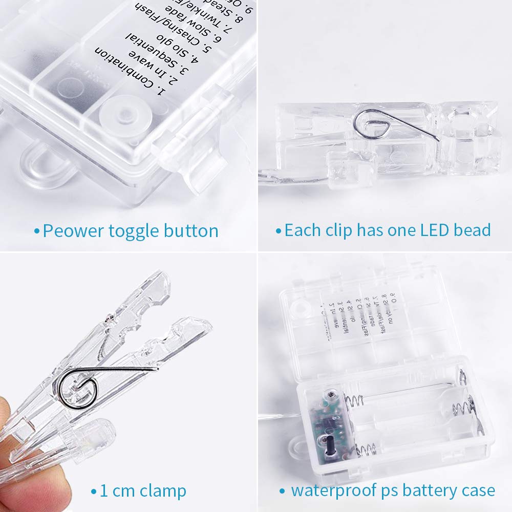 LOBKIN Photo Hanging Clips Schnur, 40 LED Photo Clips Lichterketten 5m Photo String Lights mit Clips, 8 Modi Lichterketten mit Clips für Bilder, mit Remote Timer-Funktion für Fotos, Bilderkarten