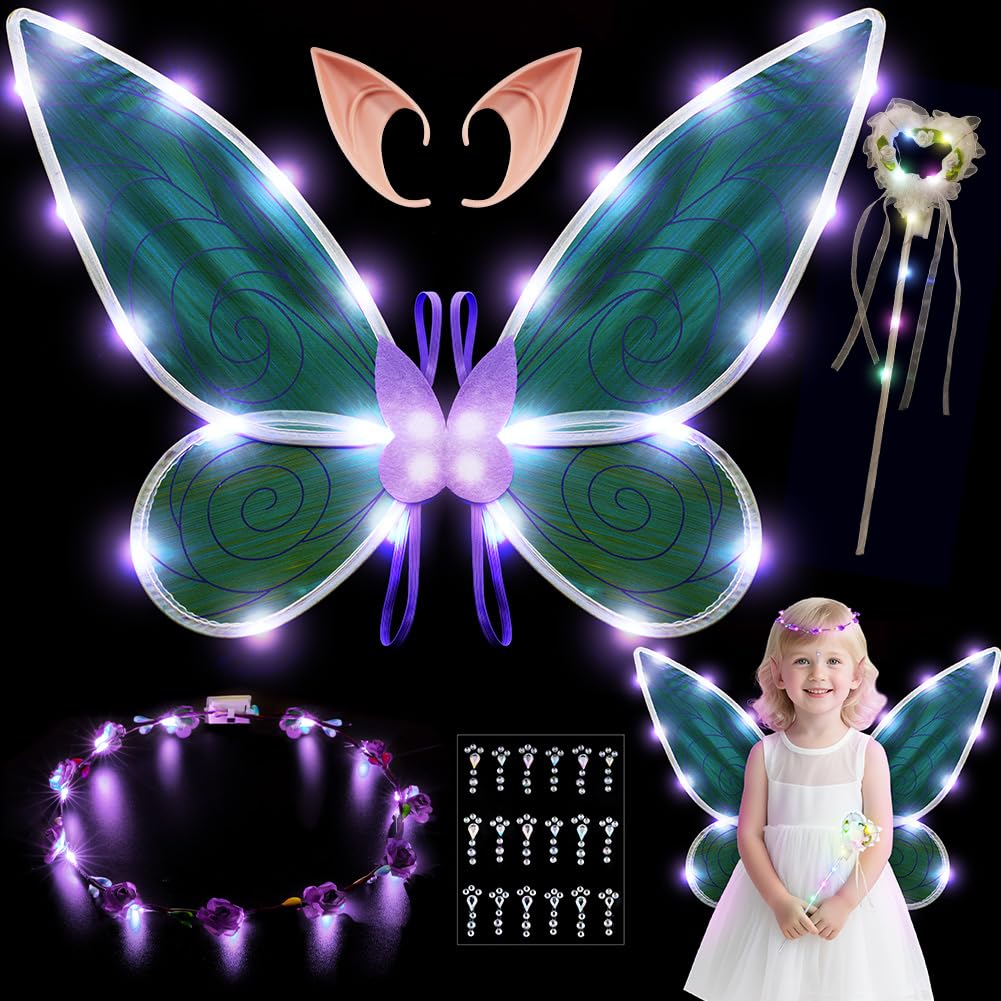 AOOWU Light up Fairy Wings, Kids Butterfly Wings Cape Fairy Angel Princess Costume Fairies Wing Set With Wands Crown Ears Flower Headband Diamond Sticker for Halloween Birthday Chrismas (B)