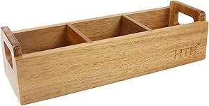 Small Wooden Tea Bag Box by HTB, 3 Compartments Acacia Wood Tea Bag Chest with Handle, Mini Countertop Divided Storage Container for Beverage Supplies, Sugar, Sweeteners, Individual Packets