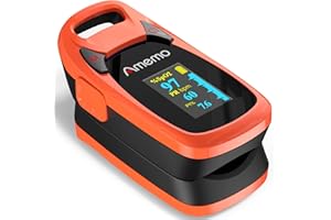 AMEMO Fingertip Pulse Oximeter with Plethysmograph and Perfusion Index, include carrying case, Large OLED Digital Display Blood Oxygen Saturation Monitor Heart Rate Monitor (Color: Red-Orange)