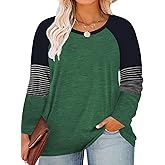 ROSRISS Plus-Size Tops for Women Raglan Short/Long Sleeve Color Block Striped T-Shirts