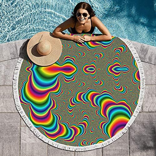 XIAORD SONDESA 60 Inch Extra Large Summer Multi-Purpose Soft Absorbent Round Beach Towel Blanket Tassels Bohemian Style Psychedelic Art Abstract Trippy Yoga/Picnic/Vocation/Camping Mat