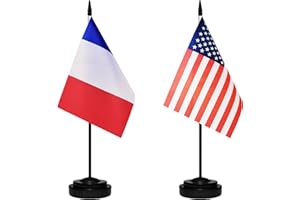 TIBIJOY USA American & France French Desk Flags, US France Office Table Flag, Small Mini Miniature French and US Desktop Flag With 13" Solid Black Pole, Black Base