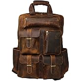 Jaald Leather Laptop Backpack Rucksack Multipocket Full Grain Leather Gaming Laptop Bag School Daypack For Men Anti-Theft Pocket Brown