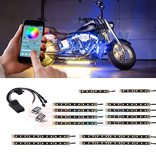 LEDGlow 14pc Advanced Million Color LED Flexible Motorcycle Lighting Strip Kit - Bluetooth-Connected Smartphone App - 138 LEDs - Waterproof Control Box - Dual Zone Control - 2 Wireless Remotes