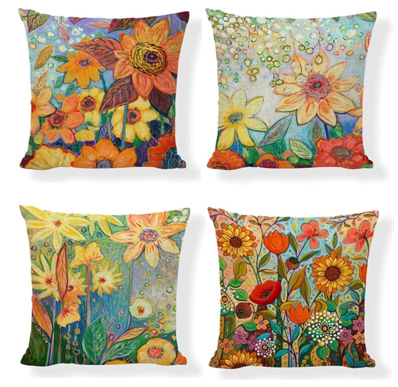BAOKU Set of 4 Summer Decorations Cushion Covers Linen Pillow Case Plants Leaf Cushion Covers Sunflower Cushion Cover Decorative,18x18 inch Summer Pillow Covers