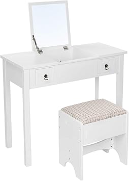 Amazon Com Vasagle Vanity Set With Flip Top Mirror Makeup Dressing Table Writing Desk With 2 Drawers Cushioned Stool 3 Removable Organizers Easy Assembly White Urdt01m Kitchen Dining