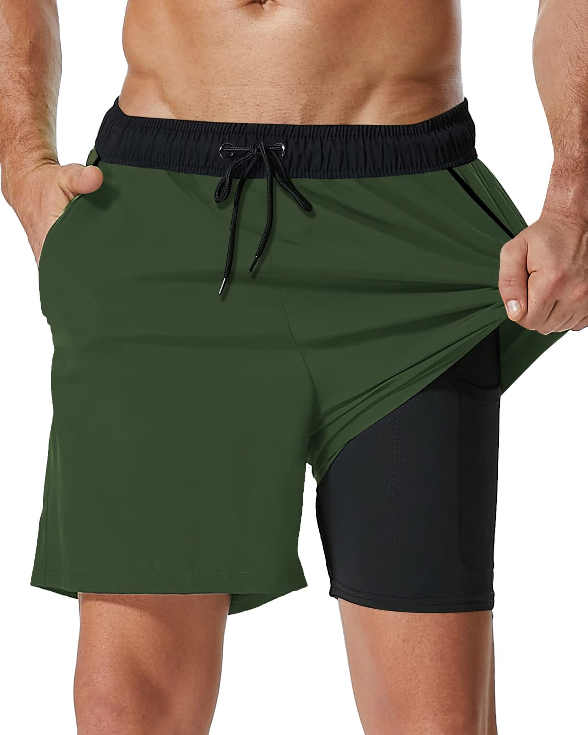 SILKWORLD Mens Swim Trunks with Compression Liner 2 in 1 Quick Dry Swimwear Beach Shorts with Zipper Pockets,Army Green,Medium Image