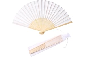 SL crafts 50pcs Imitated Silk Hand Fan Silk Fabric Bamboo Frame Handheld Folding Fan Bridal Dancing Props Church Wedding Party Favors with Organza Bags (White)