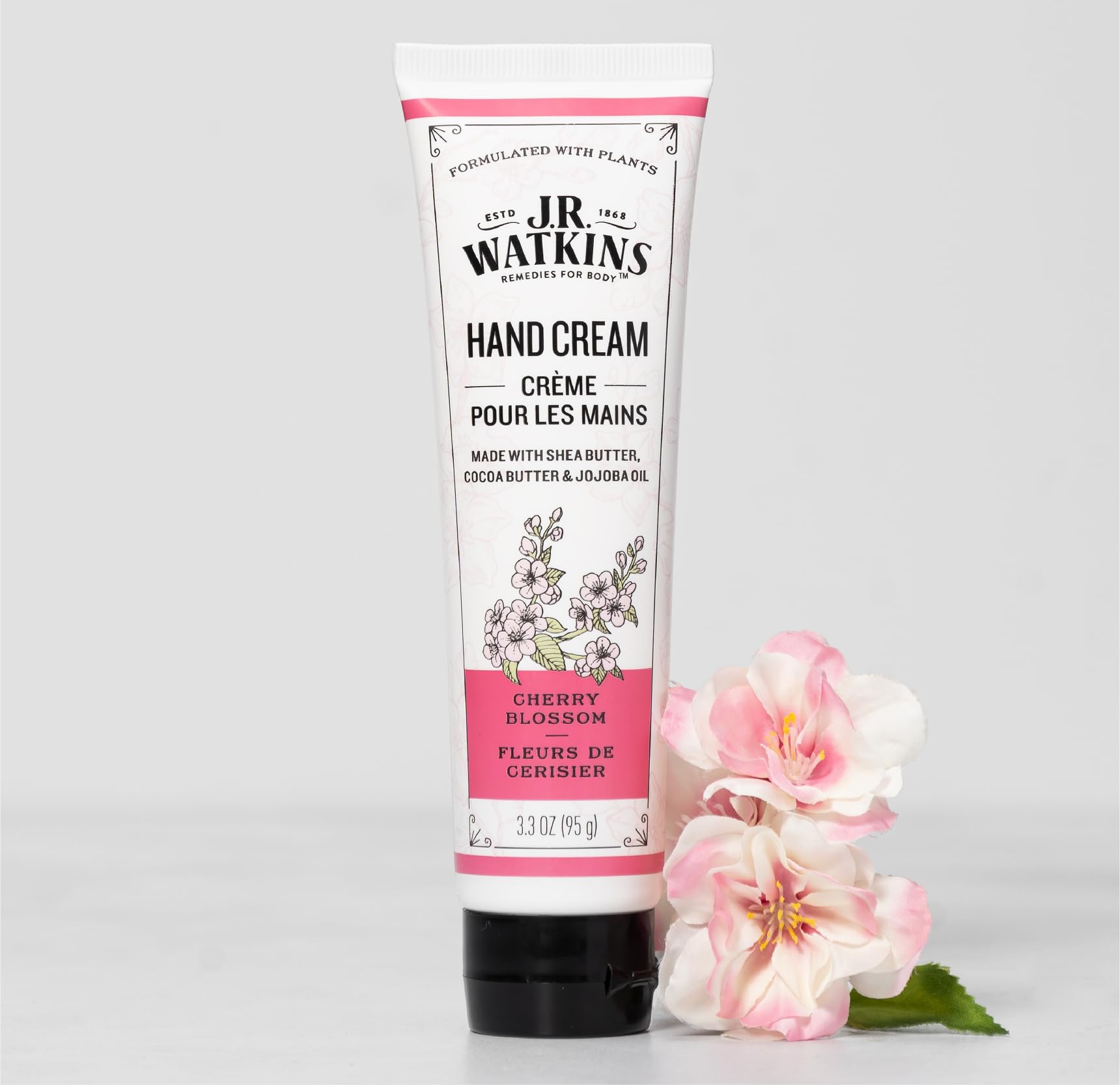 J.R. Watkins Natural Moisturizing Hand Cream, Hydrating Hand Moisturizer with Shea Butter, Cocoa Butter, and Avocado Oil, Cruelty Free, 3.3oz, Cherry Blossom, 3 Pack