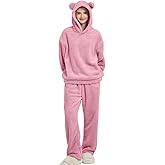 Wyeysyt Women's Fluffy Pajamas Set 2 Piece Fleece Pjs Bear Ear Hoodie Winter Warm Cozy Loungewear Sleepwear