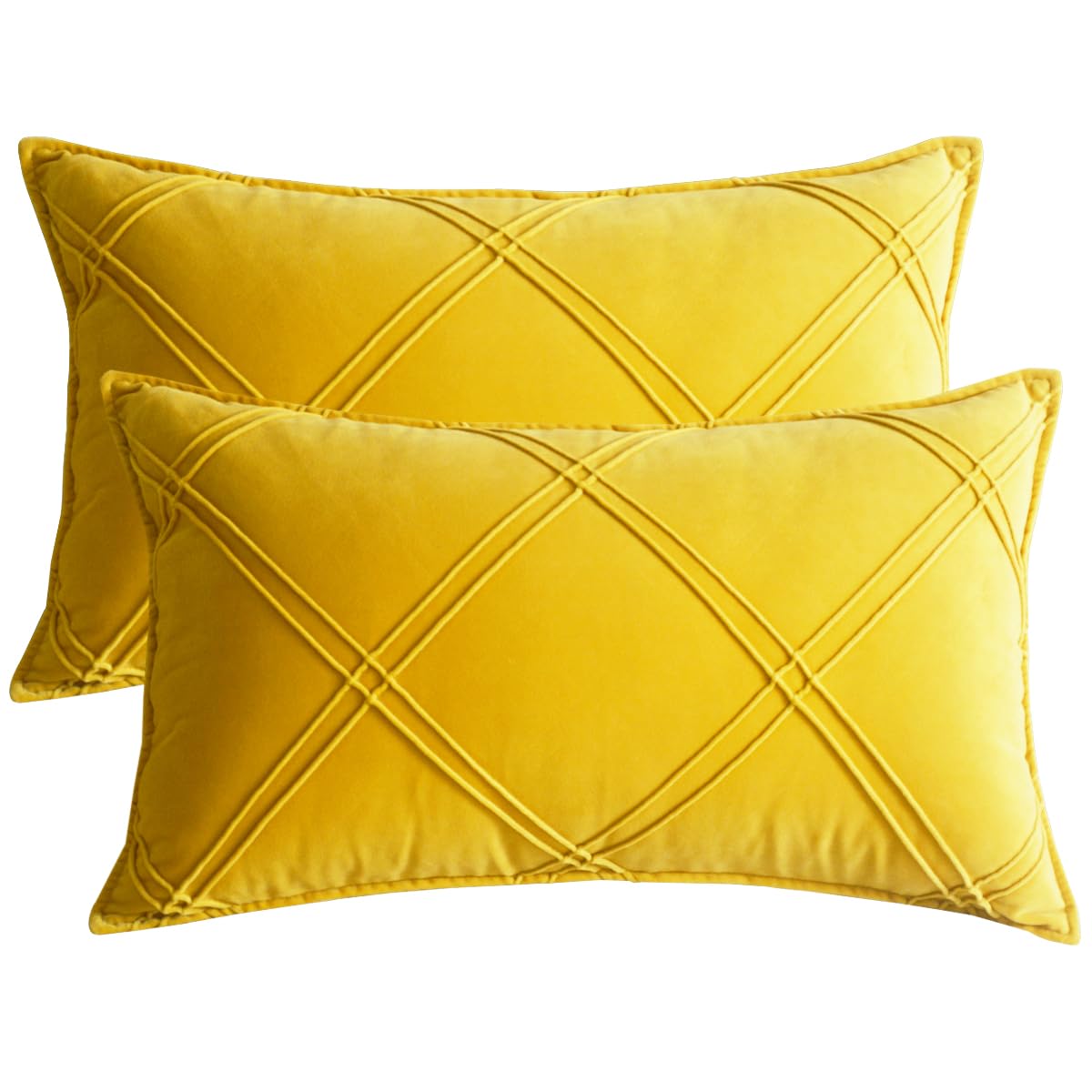Lutanky Dark Yellow Velvet Cushion Covers Decorative Rectangle Throw Pillow Covers Checked Design Elegant Pillowcases for Sofa Bed Living Room 12x20 Inch 30 x 50 cm Set of 2