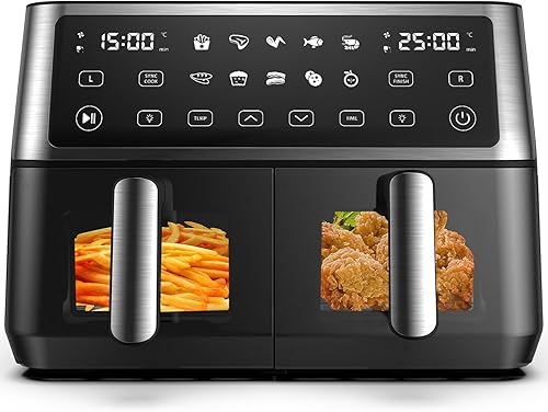 10L Dual Air Fryer, 2 Nonstick Drawers with Visible Window,10-In-1 Cooking Presets, Sync Cook & Finish, Smart Touch Screen, 1-24H Timer Function, Uses No Oil& Max Crisp, 50℃ to 200℃, Dishwasher Safe