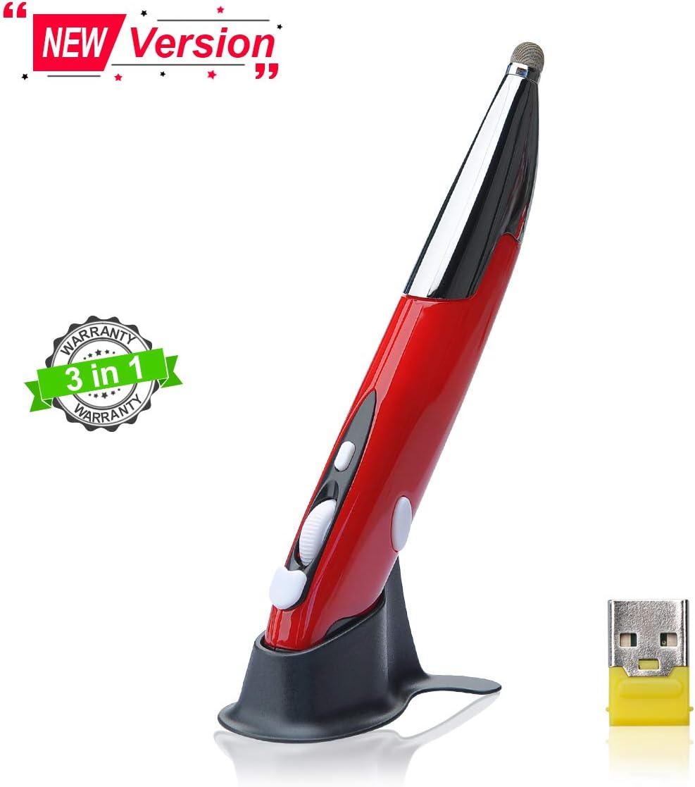 Wireless Optical Pocket Pen Mouse with Stylus Function, USB Wireless Optical Pen Mouse 800/1200/1600 DPI Adjustable Handwriting Mini Air Mouse Mice for PC Laptop Notebook Computer Mac (Red)