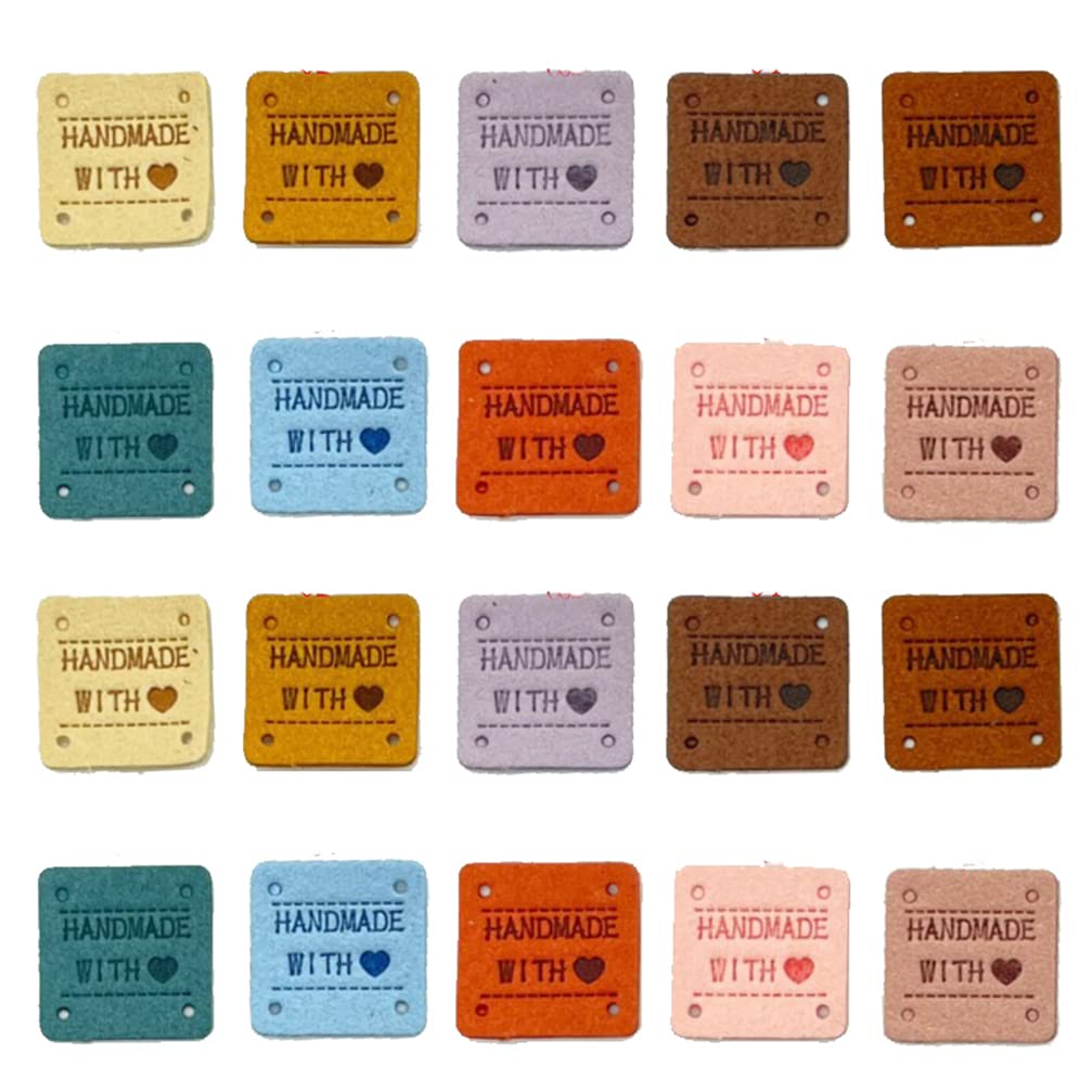 Houhounb Handmade Fabric Labels Tags Square Sewing Cloth Labels Leather Label Sewing with 4 Holes Hand Made with Love Label for DIY Sewing, Hat, Bag, Clothing Decor, 2.5 x 2.5 cm, 50 Pieces — image 1