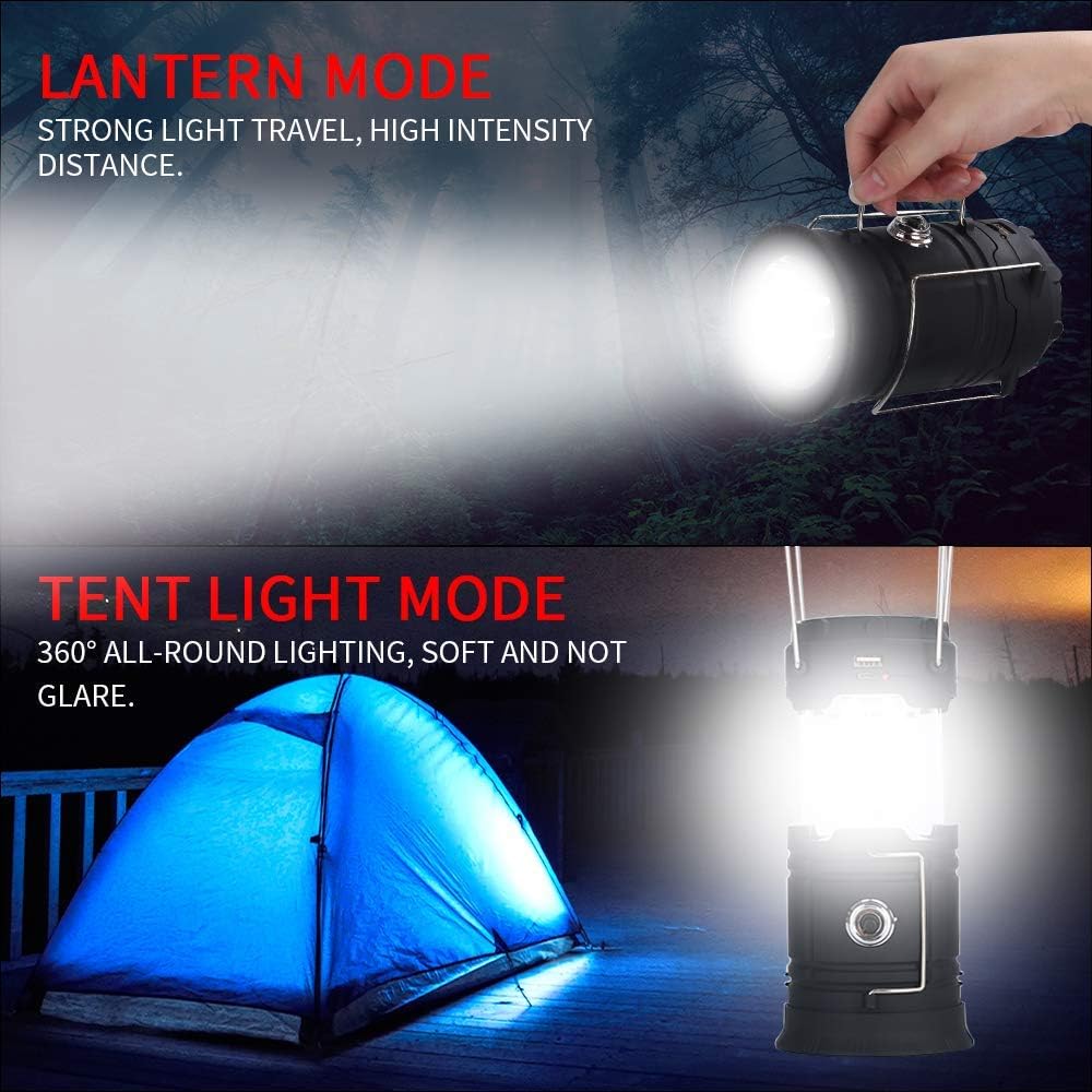 Lyricall Solar Camping Lantern Rechargeable USB, COB LED Lantern Flashlight 2 Power Supply Modes Survival Kit for Emergency, Hurricane, Power Outage(2 pack) - - 