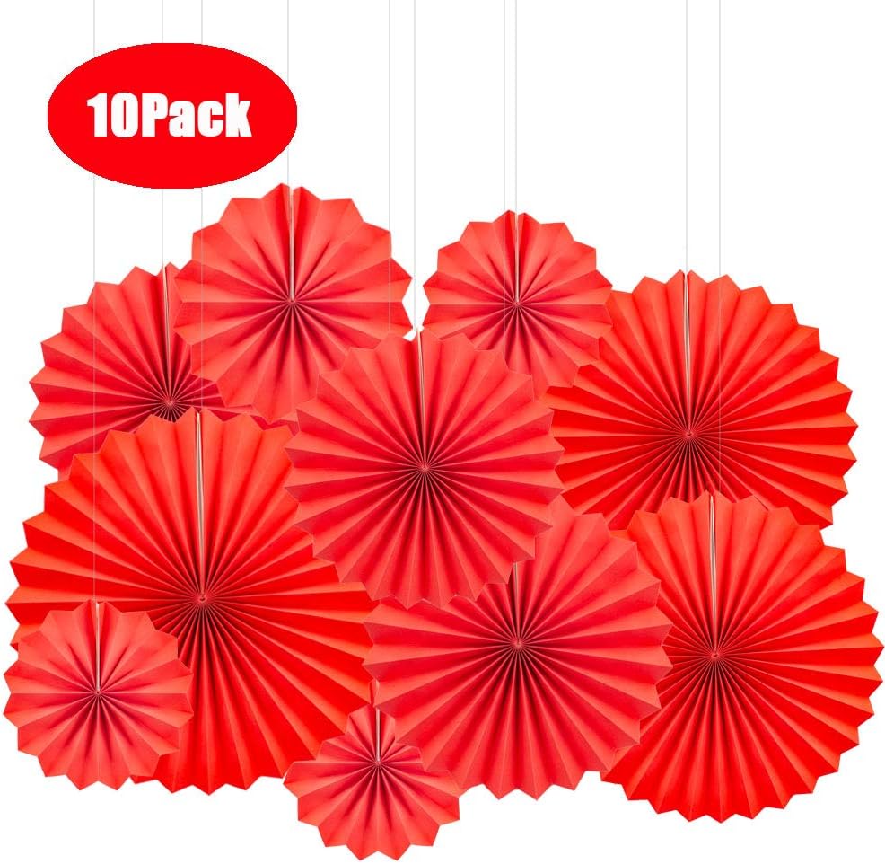 Aimto 10pcs Red Hanging Paper Fans for Party Decorations - 8 Inch, 10 Inch and 12 Inch