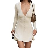 LOFAAC Women Sexy V Neck Button Front Ribbed Knit Short Dress Casual Slim Fit Long Sleeve Flowy Swing Sweater Mini Dress