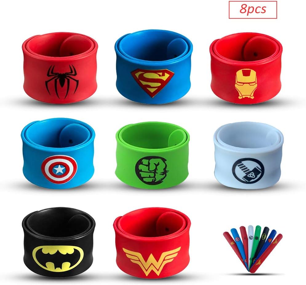 Sienon Superhero Slap Bracelets for Kids Party Favors-8 Pack Slap Bracelets-Superhero Prizes for Boys &Girls - Superhero Theme Party/Superhero Birthday Party/Christmas Halloween Party Favors Supplies