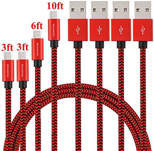 Micro USB Cable,YEONPHOM 4Pack Charger Cable 3ft 3ft 6ft 10ft Extra Long Nylon Braided Super Durable Charge and Data Sync Cord for Samsung,HTC,Motorola,Blackberry,Tablets,Android Smartphones–Black/Red
