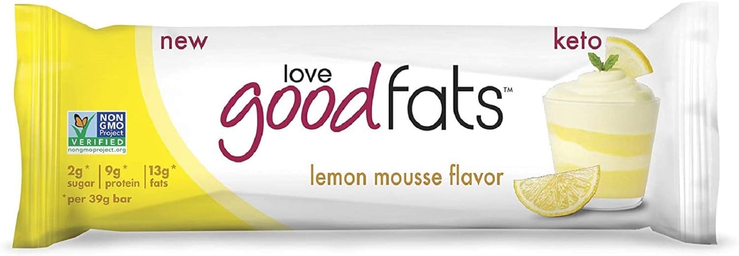 Love Good Fats Bars – Lemon Mousse – Keto-Friendly Protein Bar with Natural Ingredients – Low Sugar, Low Carb, Non GMO, Gluten & Soy Free Snacks for Ketogenic Diets – (12 Count)