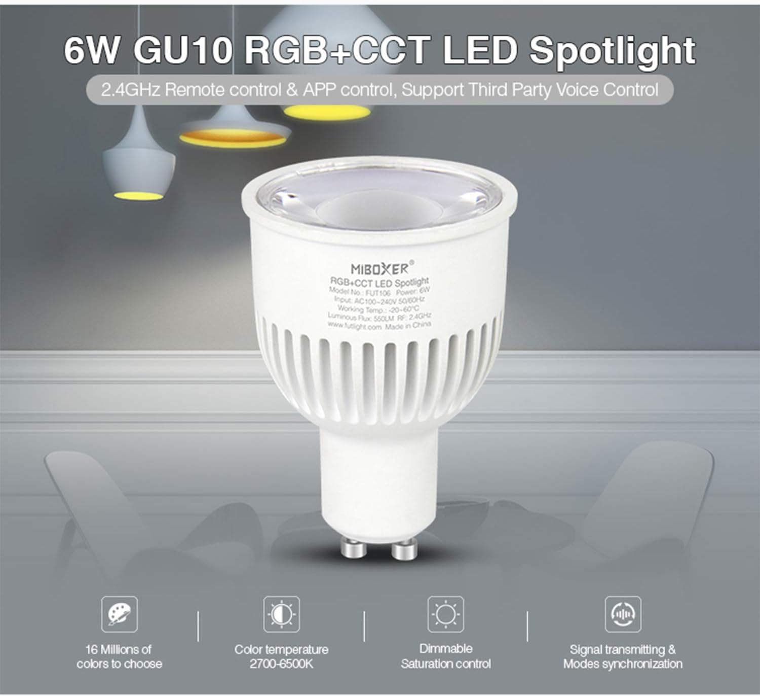 lighteu®, 1x 6W GU10 WiFi LED Bulb RGB Color Original Mi-Light 5 Watt Warm White GU10 Dimmable, fut106, 5w Lamp - Image 3