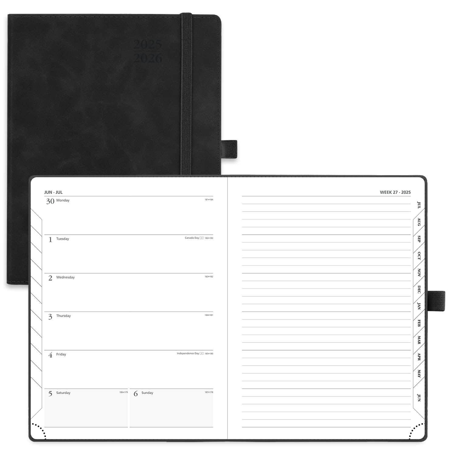 Photo 1 of POPRUN Planner 2025-2026 Weekly Notebook (Medium 6.5''x 8.5'') Academic Calendar (JUL.25 - JUN.26) Appointment Book with Monthly Tabs, Leather Soft Cover, Inner Pocket, 100 GSM - Black