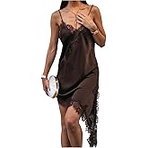 MakeMeChic Women's Lace Satin Asymmetrical Tops Spaghetti Strap Contrast Mini Dress