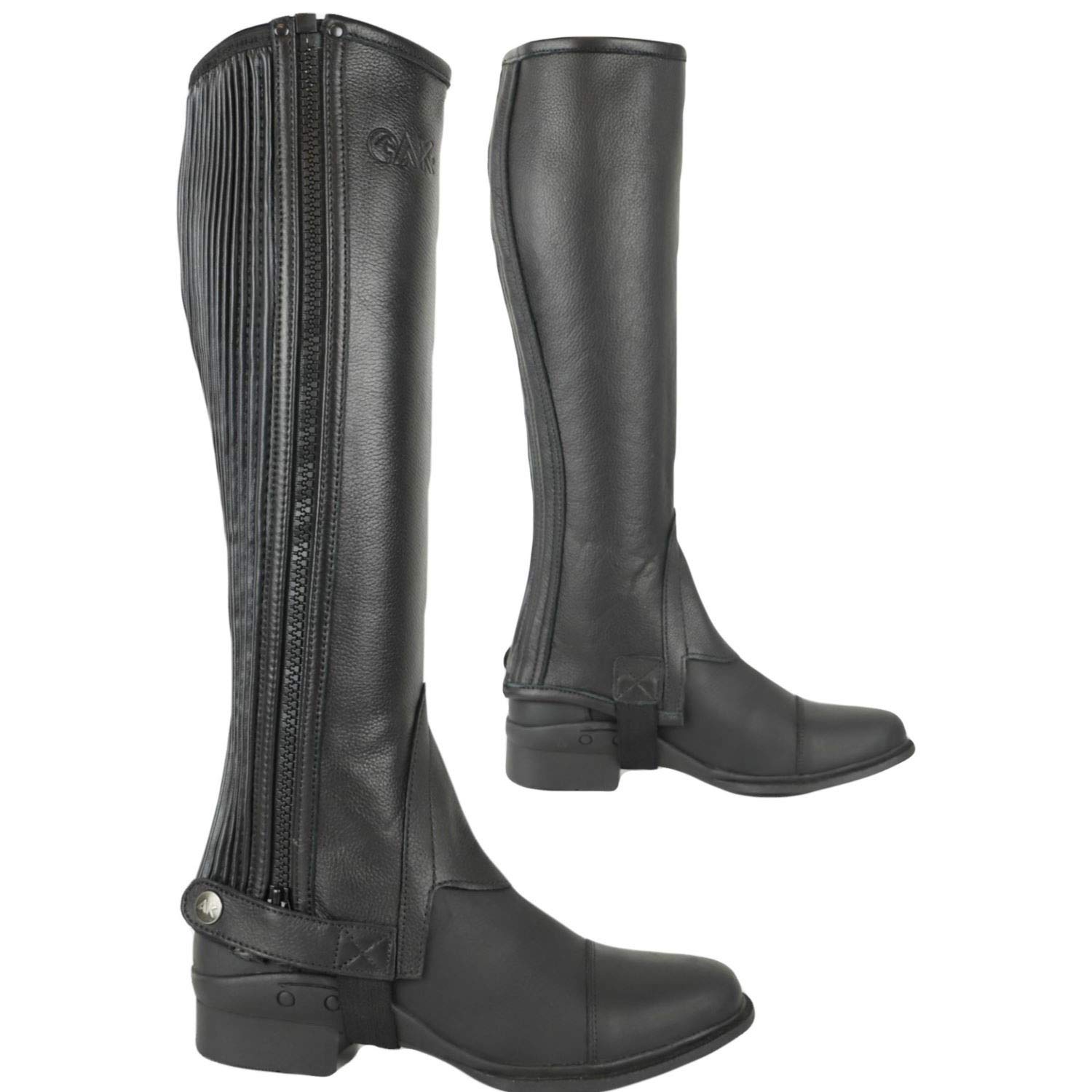 AK Side Zip with Stretch Panel Full Grain Leather Horse Riding Half Chaps (2XL, Black)