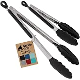 GORILLA GRIP Stainless Steel Kitchen Tongs for Cooking, 2 PK, Black | Heat Resistant Barbecue Tong Set, Non Scratch Silicone Tip for Pans, Strong Grip, Grab Food, Toss Salad, Air Fryer, Pull Lock